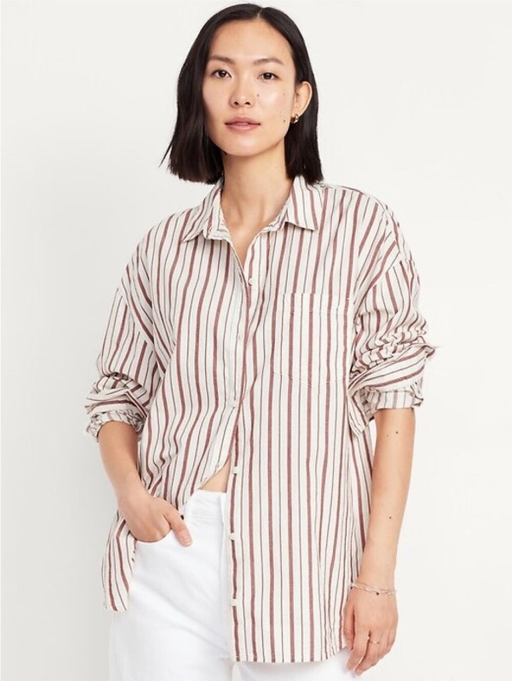Oversized The Boyfriend Red White Striped cotton Shirt Old Navy 100% Cotton